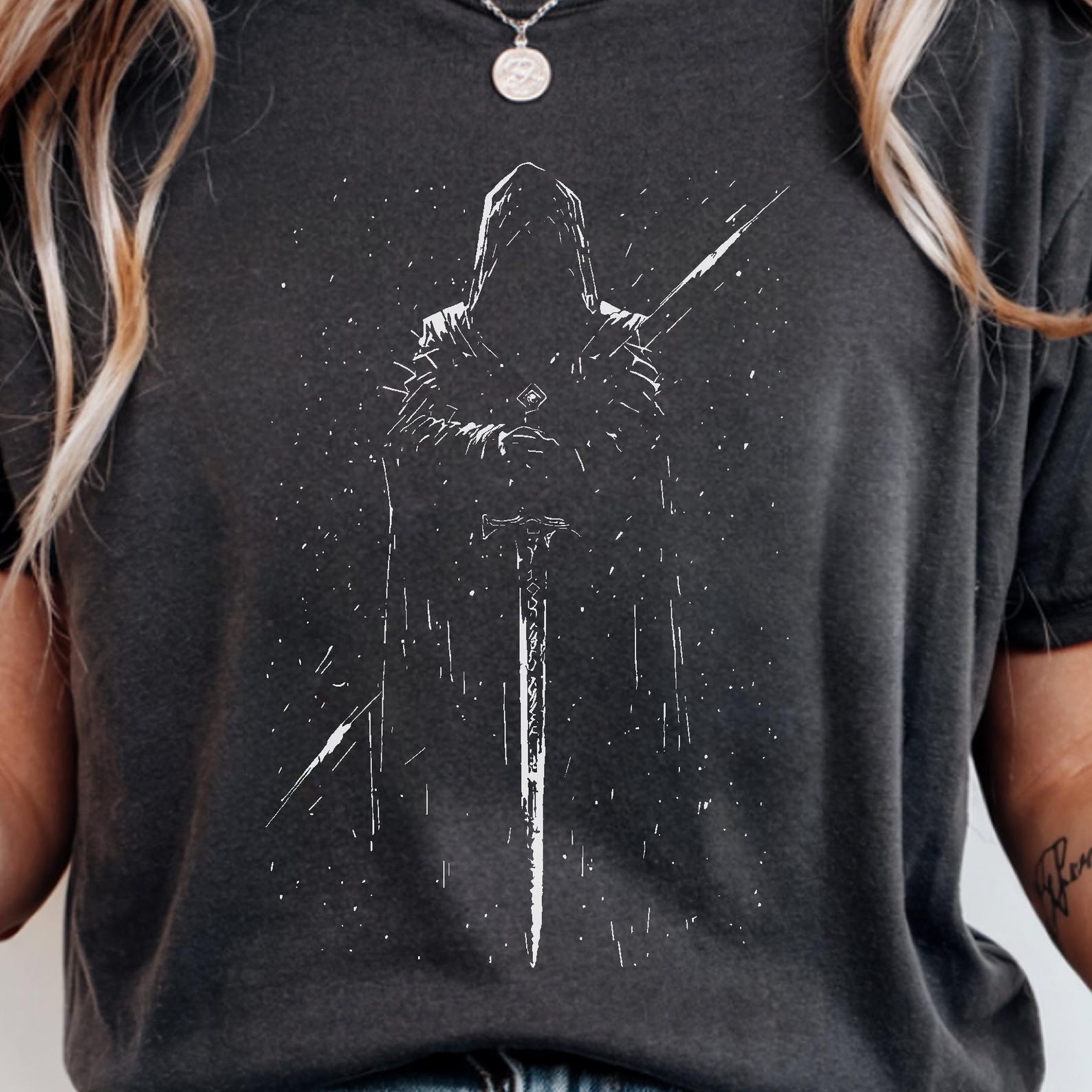 Gothic Knight T-Shirt Cosmic Void Dark Fantasy Graphic Tee Ethereal Hooded Reaper Shirt Medieval Sword Art Alt Clothing Dark Academia Gift 2XL