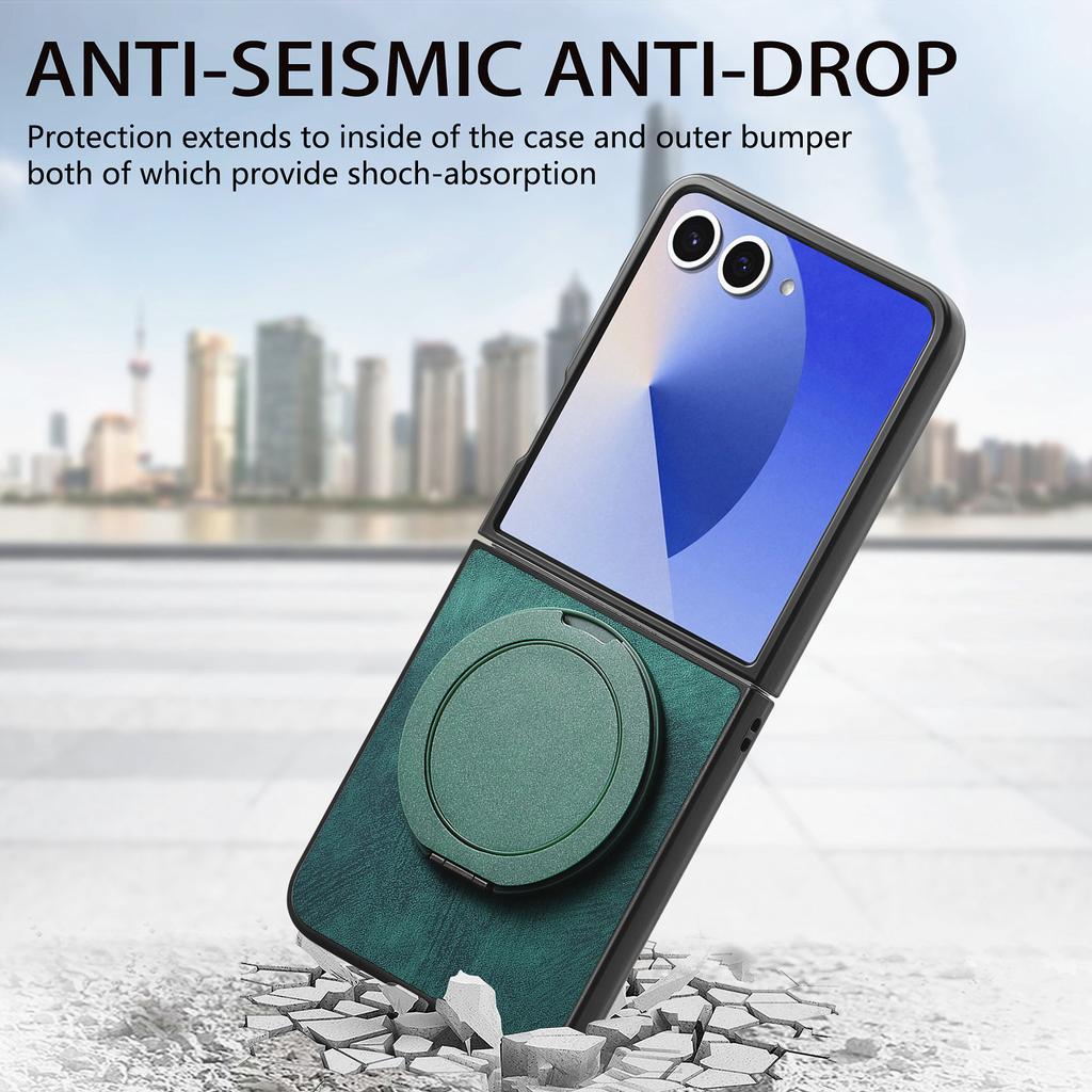 For Samsung Galaxy Z Flip7 5G Phone Case with Rotating Kickstand Stress Relief Retro Leather Back Cover