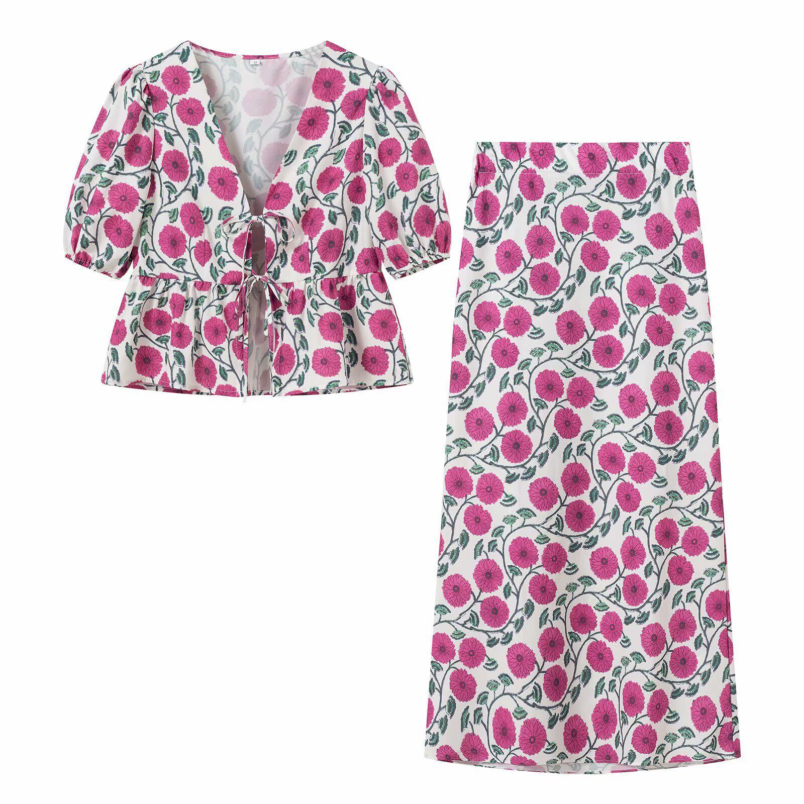 

Весенний цветочный топ с V-образным вырезом, завязкой на талии и короткими рукавами и юбка миди Large фуксия