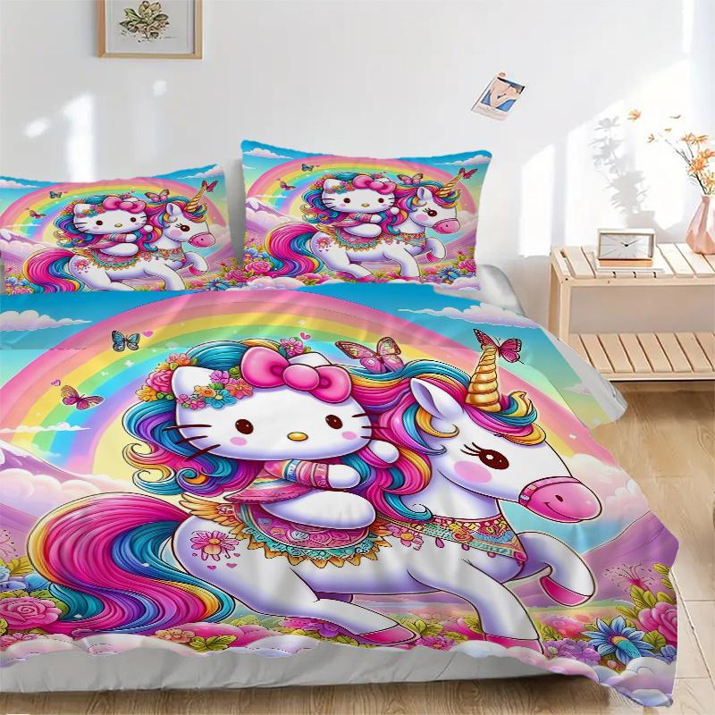 

3 шт. Набор постельного белья с рисунком Радужный Единорог Hello Kitty, 1* Пододеяльник + 2* Наволочки, Постельное белье с принтом, Мягкое и удобное.S034 135x200cm