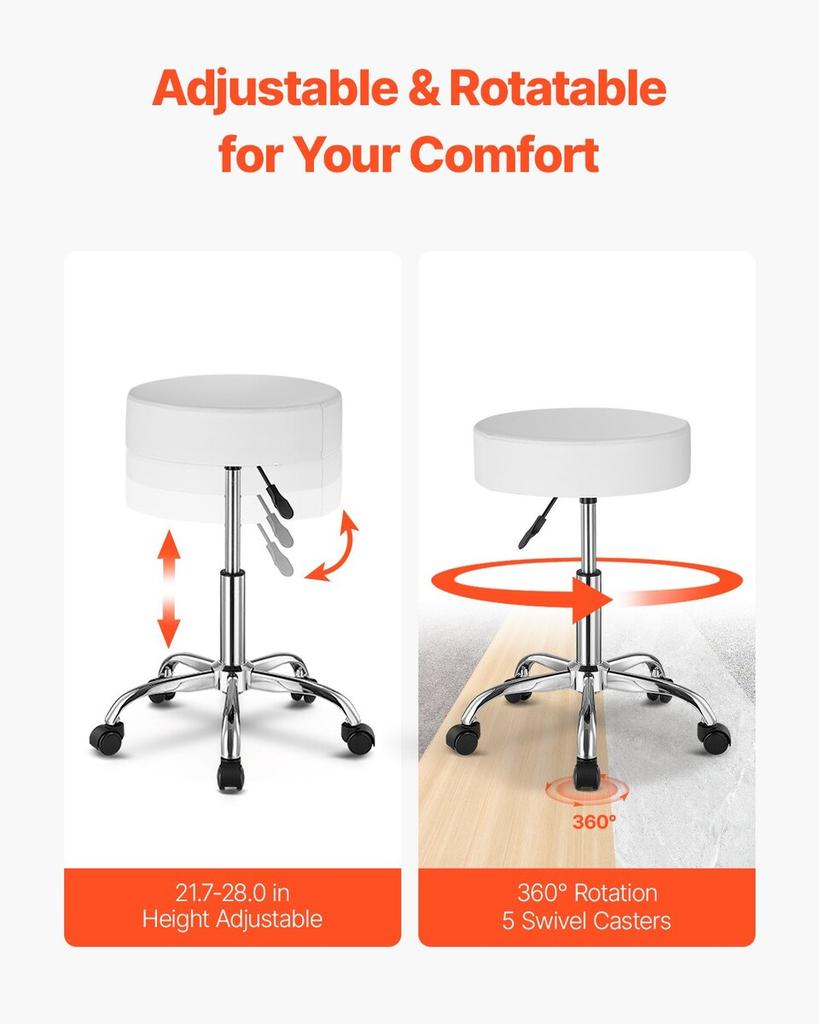 Round Rolling Stool Swivel Work Stool with Wheels Height Adjustable White