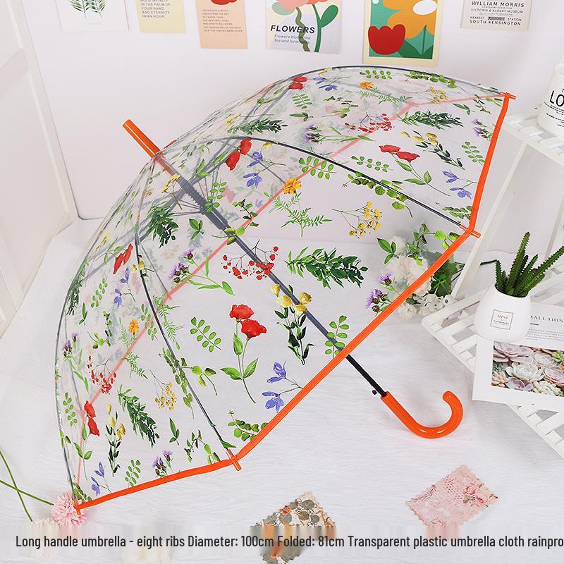 Japanese Forest Style Transparent Cherry Blossom Umbrella with Arched Long Handle for Students