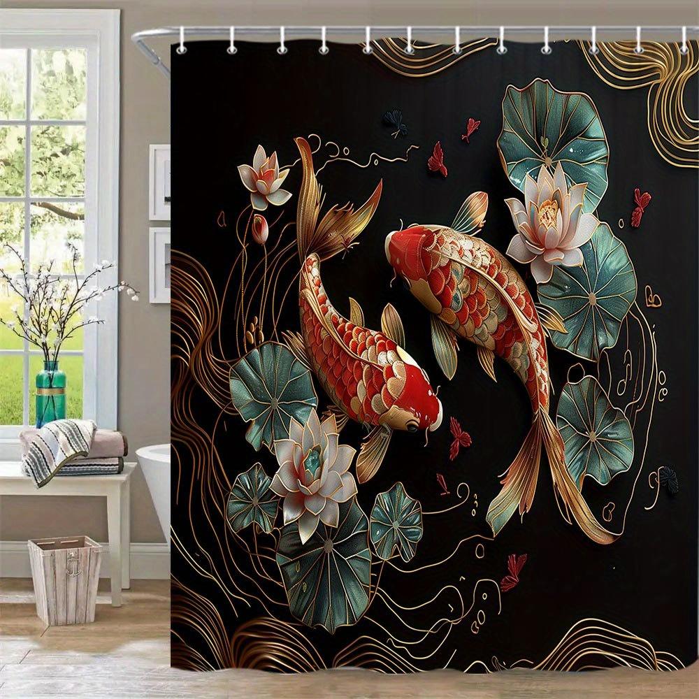 Asian Koi Fish Shower Curtain Red Gold Fish Lotus Pattern Oriental Art Elegant Bathroom Decor Waterproof Printed Bath Curtain