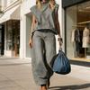 Summer 2 Piece Denim Set for Women Cap Sleeve Mock Neck Top And Wide Leg Pants Set Casual Loose Loungewear Outfit