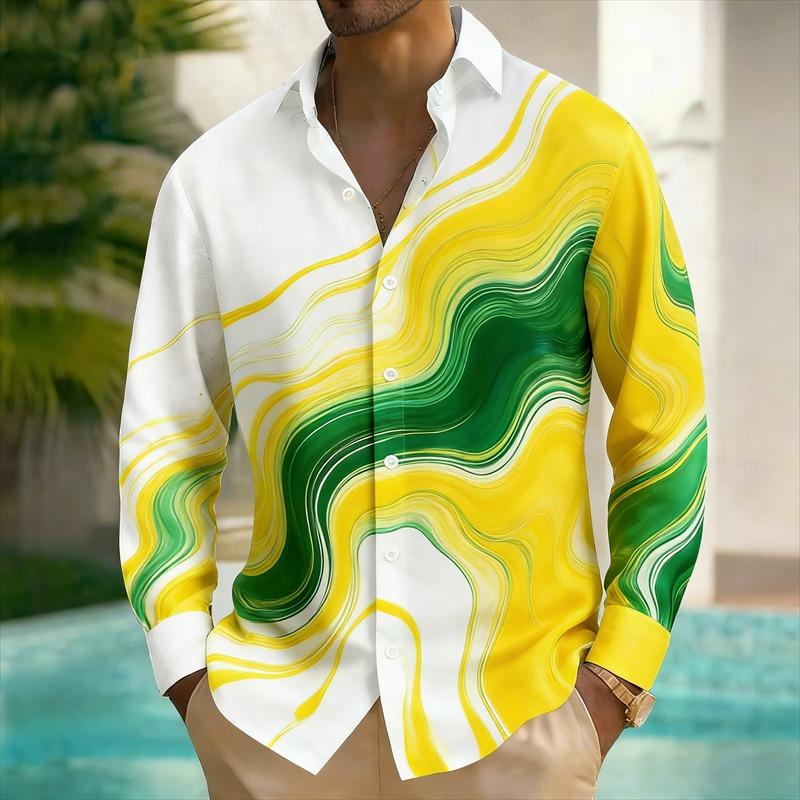 New Men's Long Sleeved Shirt with Harajuku Style 3D Ink Printed Long Sleeved Color Block Pattern Top and Shirt