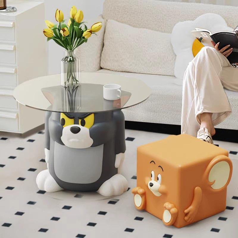 Tom & Jerry Cartoon Glass Side Table & Stool Set