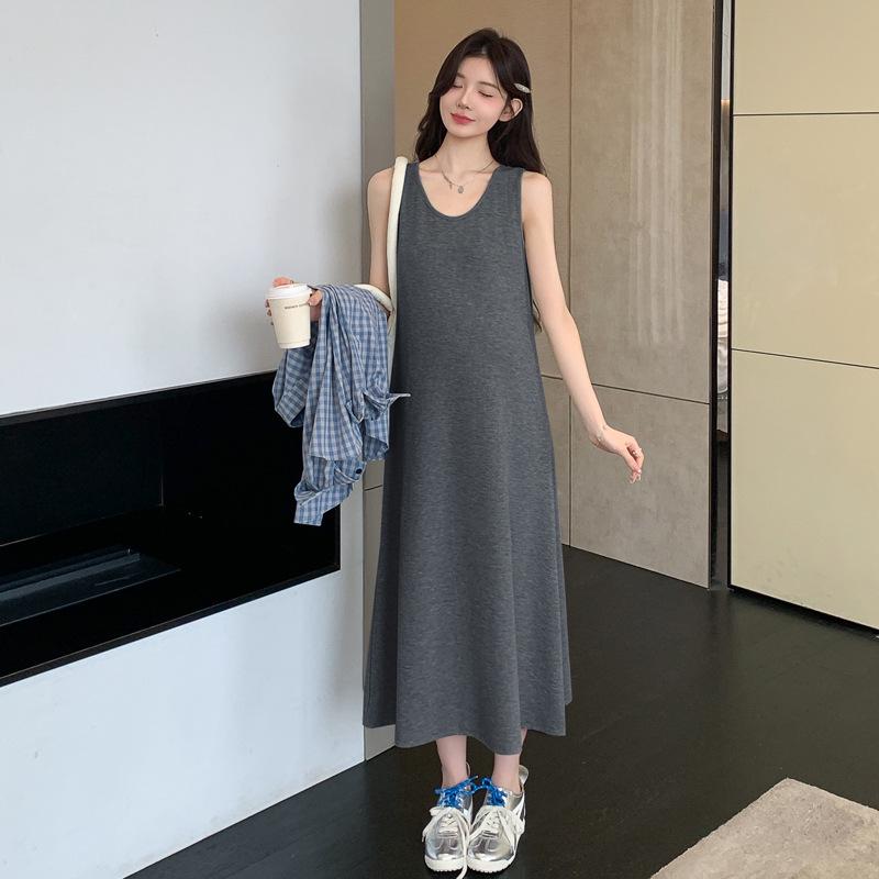 

Spring 2026 Korean Maternity 2-Piece Set: Waffle Knit Vest Dress & Plaid Shirt M