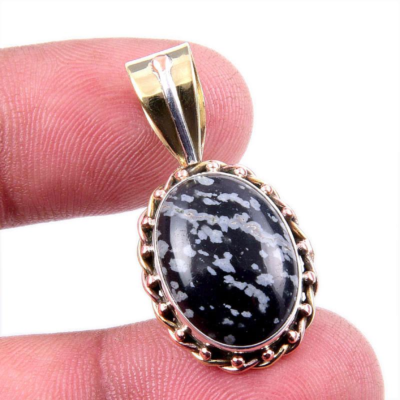

Natural Snowflake Obsidian Gemstone 925 Solid Silver Two Tone Pendant 1.25 z9W35