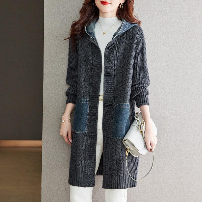 

Длинный вязаный кардиган-свитер, куртка, пальто, женский, комбинированный деним, с капюшоном, с карманом, свободное пальто, осенне-зимний, утепленный свитер-пальто One Size темно-серого