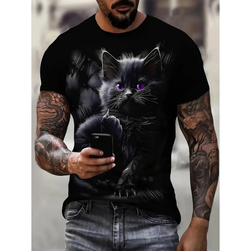 Summer Men's T-Shirt Funny Cartoon Cat Printed Breathable Outdoor Short Sleeve Graphic T-Shirts Casual Oversized Men Clothing