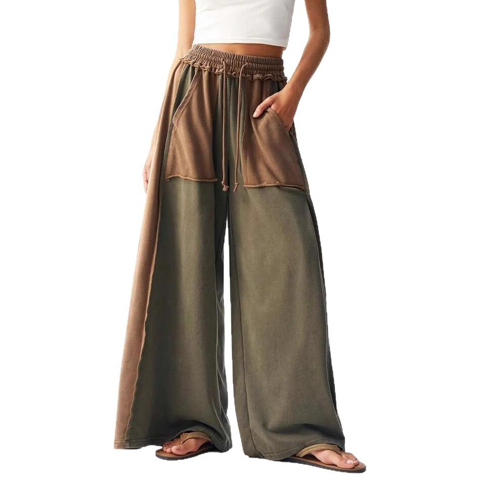 Women High Waisted Wide Leg Pants with Stitching Detail Elastic Waist Drawstring Loose Fit Trousers