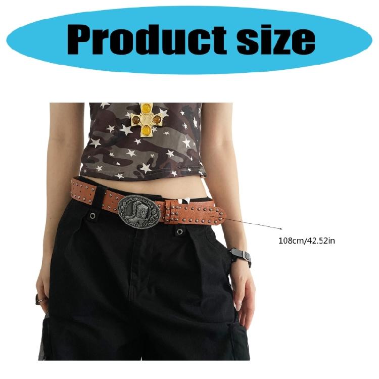 Punk Rock Women's Adjustable Waist Belt Embossed Design Metal Studs Cowgirl PU Leather Strap
