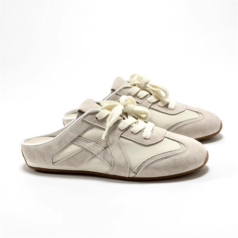 Half slippers women's summer wear flat bottom color matching leather bag head half slippers without heel lazy little white shoes
