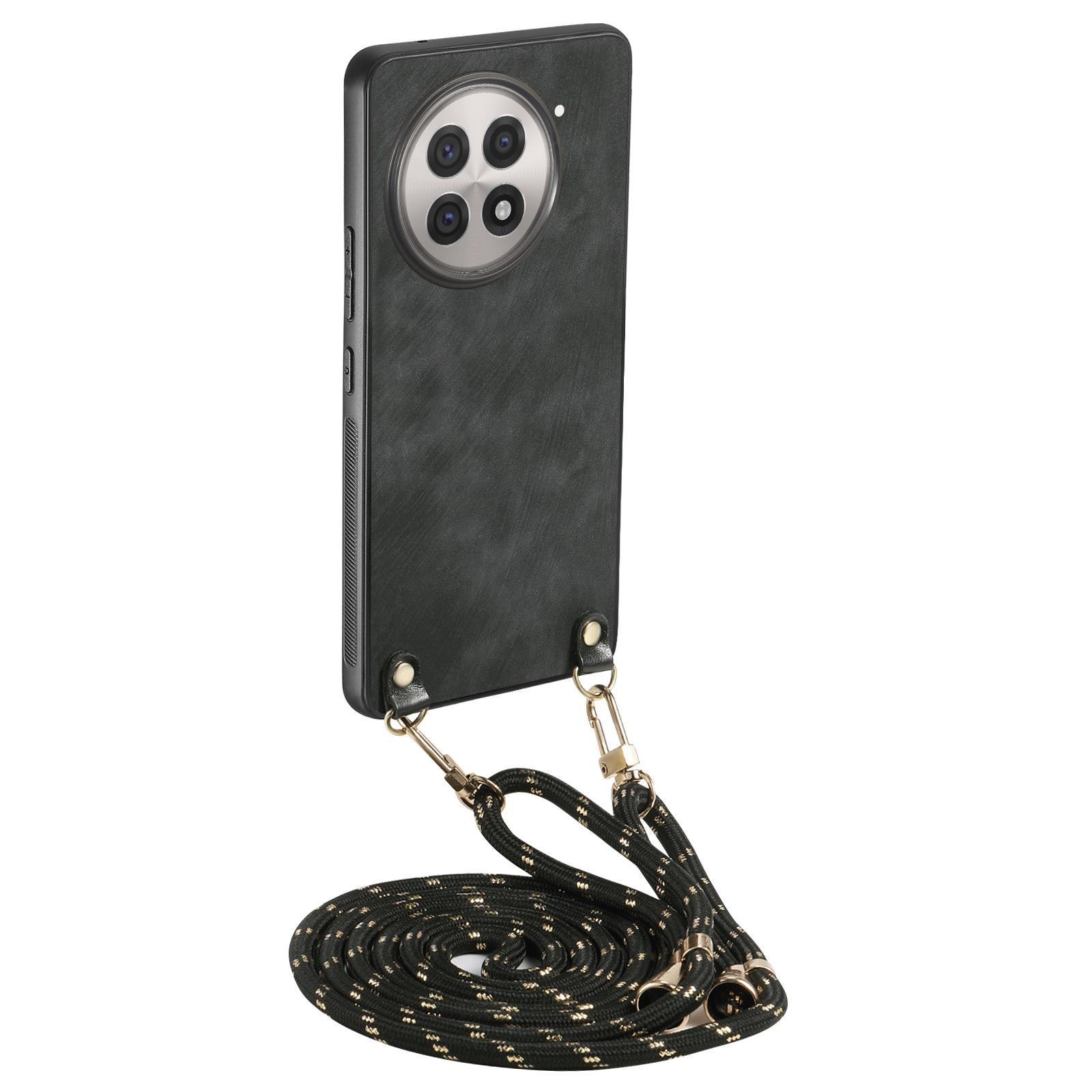 

For OnePlus 13R 5G Retro Leather Phone Back Cover with Adjustable Strap Black