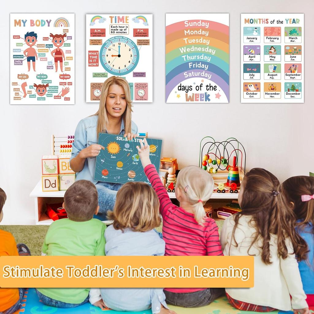 16Pcs Educational Posters for Toddlers 1-3, Learning Posters for Toddlers 1-3, ABC Poster for Kids Ages 3-5, Preschool Posters 1 2 3 Year Old,