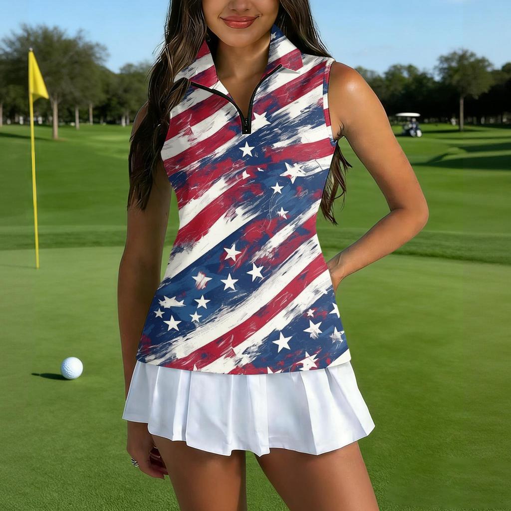 Sleeveless Golf Polo Shirt with Zipper Collar Women's Casual Athletic Top Independence Day Print Sports Vest for Outdoor Activities