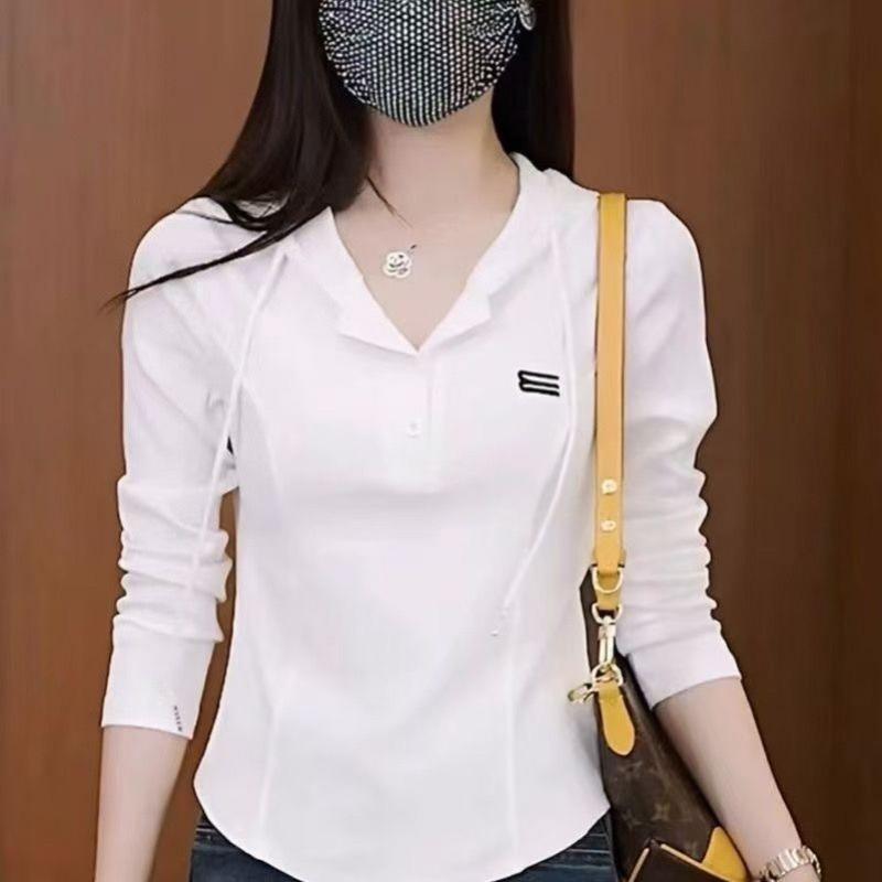 Autumn Thin Solid Color Versatile Long-sleeved T-shirt for Women's Sports Casual Hooded Sweatshirt Top