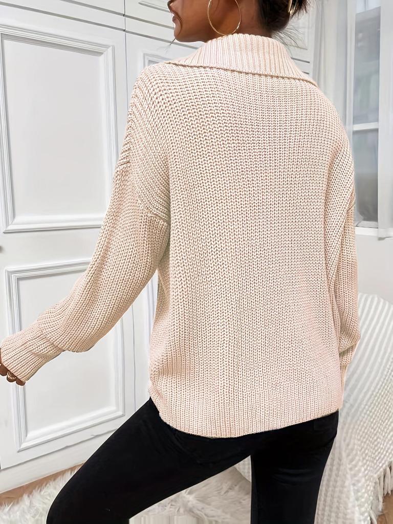 Plus Size V-Neck Turn-Down Collar Long Sleeve Knitted Sweater - Women's Casual & Versatile Ribbed Fashion for Autumn/Winter.