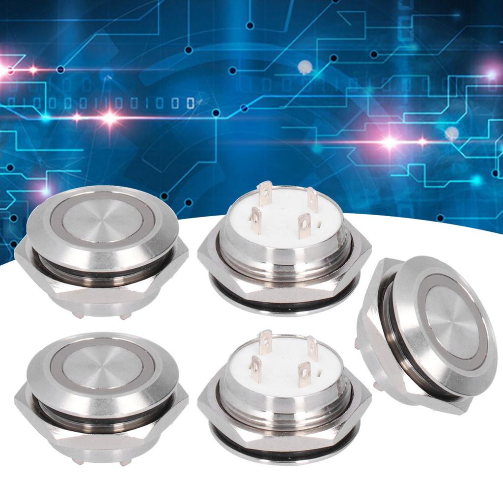 5Pcs Momentary Push Button Switch Metal Auto Reset Ultra Thin Waterproof with LED 19mmDC3~6V Red