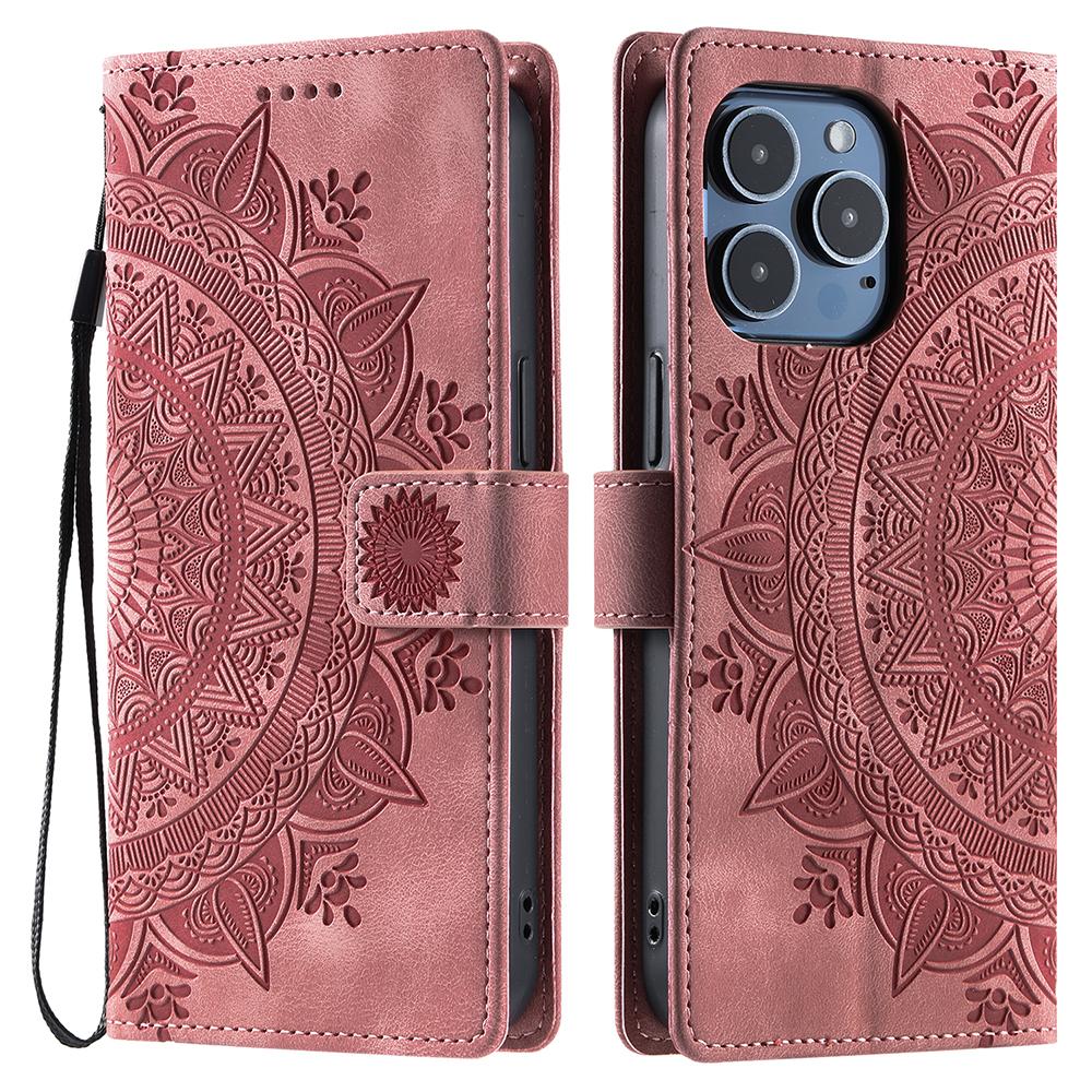 

Style 018 For iPhone 16 Pro Max Case Imprinted Totem Skin Feel Wallet Leather Phone Cover Rose Gold