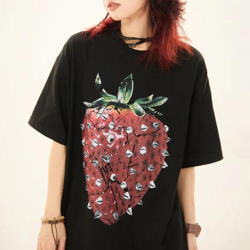 2026 Y2k Unisex Strawberry Graphic Tshirt Crew Neck Oversized Loose Cotton Casual Vintage Streetwear Short Sleeve Tee Tops
