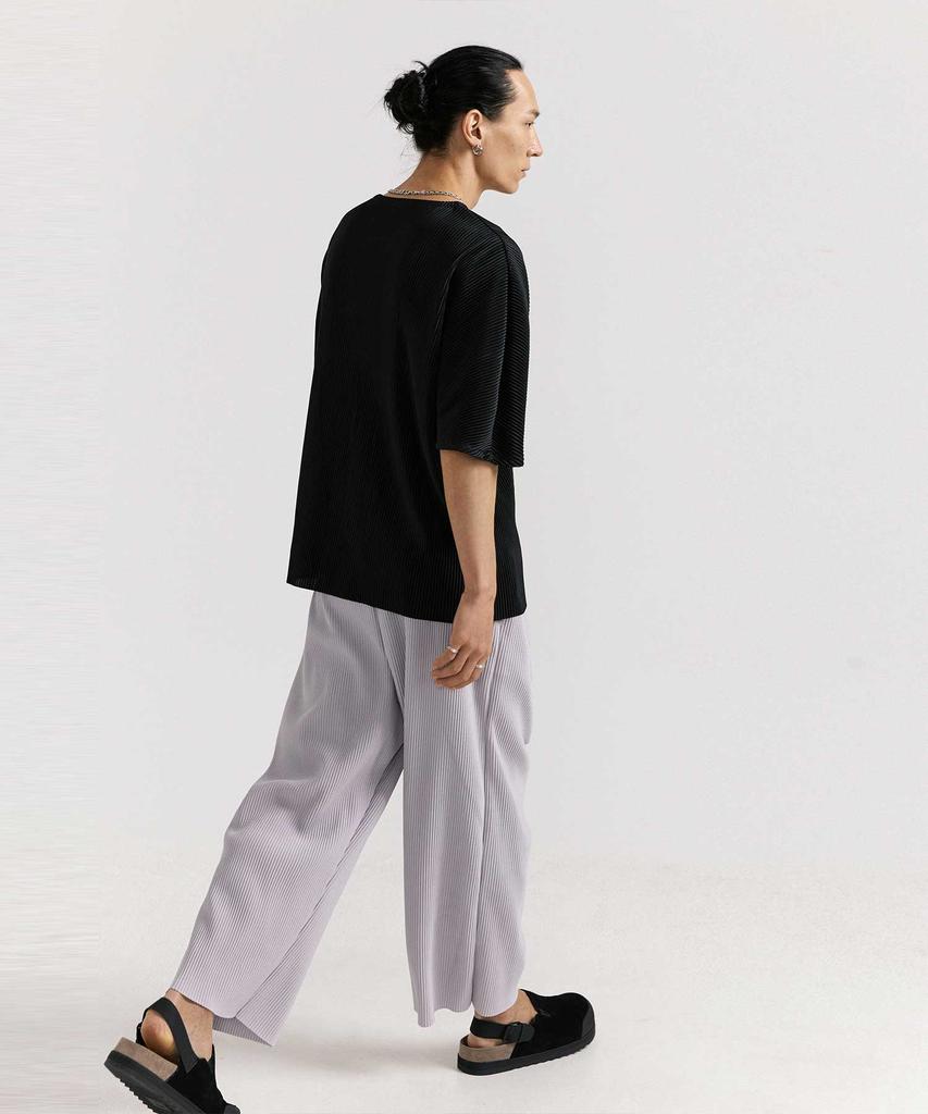 Akebteu Ps08X Pleated Round Daily Basic Short Sleeve T-Shirt [Black]