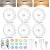 6PACK Rechargeable Puck Lights with Remote Motion Sensor Light Indoor White | 3 Color Temps & 12 RGB, Dimmable, 15/30/60 Mins Timer, Memory,