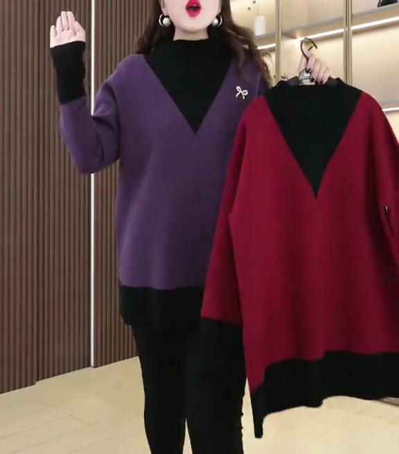 

Вязаный свитер в стиле колор-блок с жемчужными пуговицами - Женская повседневная одежда больших размеров для осени и зимы 2XL (140-160 jin)