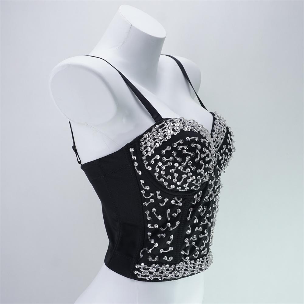 Sparkling Pearl-Embellished Longline Bustier Corset with Boning Women's Outerwear Top Bra Vest Fashion