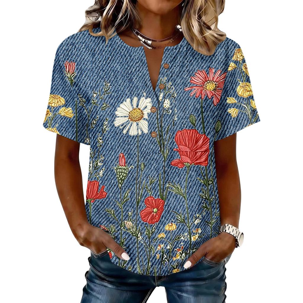 Women's Vintage Floral Print Short Sleeve Shirt Button Front Henley Neck Cotton Linen Blend Casual Top