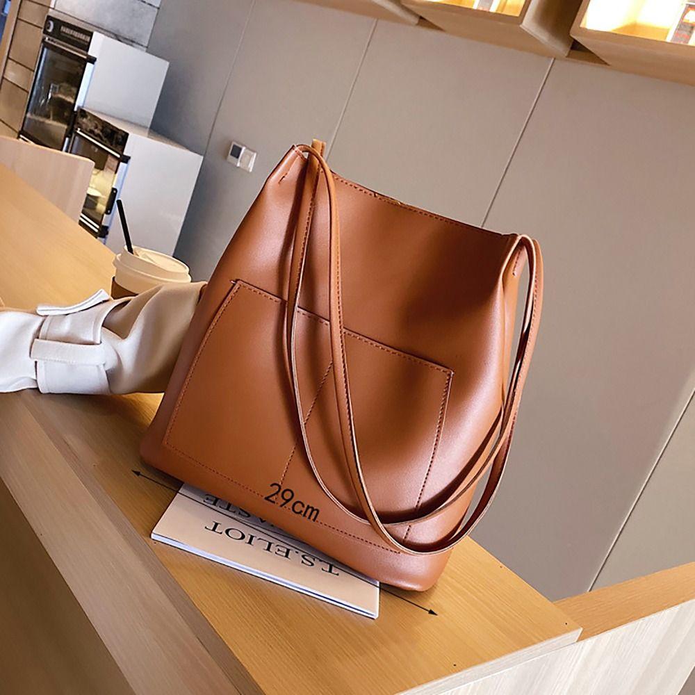 PU Leather Shoulder Bucket Bags Large Capacity Korean Style Tote Bag  Women Girls
