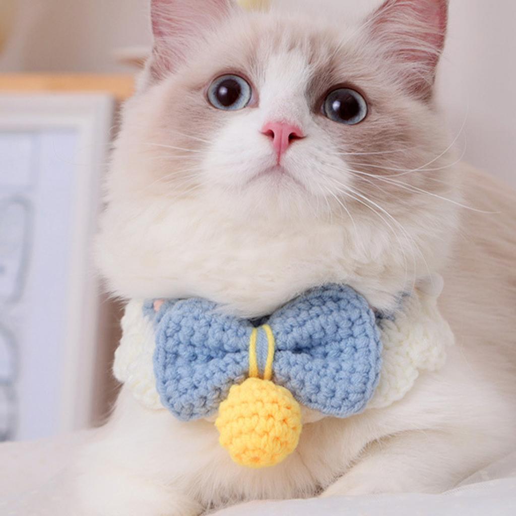 Knitting Cat Collar with Bell Bow Tie Decoration Kitten Bib Accessory Cute Pet Neck Wrap for Small Cats and Dogs Blue S