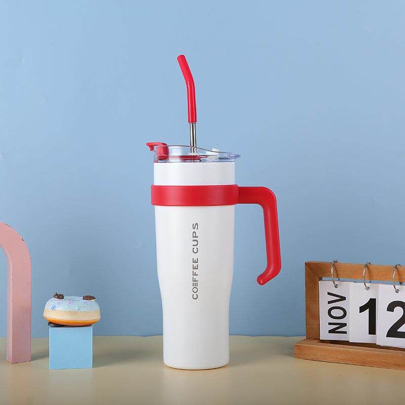 Summer 40oz Car Cup with Handle for Men and Women, High-Looking Stainless Steel Straw Cup, Giant Large-Capacity Thermos Cup 40oz Ivory White