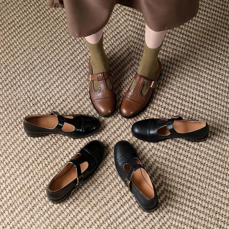 Fashion New Spring/summer Mary Jane Shoes for Women Split Leather Round Toe Thick Heel Shoes Casual Brogues Black Chunky Heel Shoes