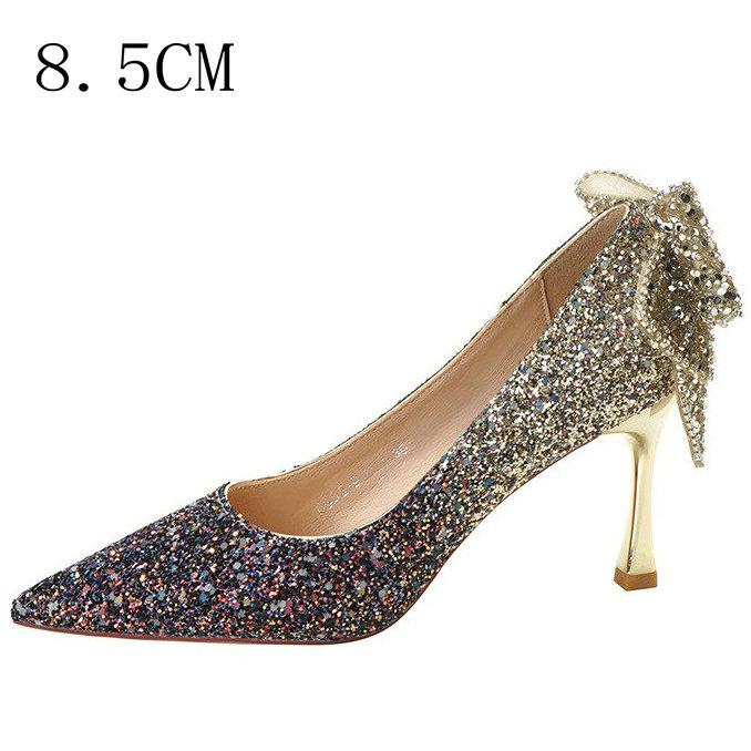 Fashion 2025 New French Bow Pumps Gradient Crystal Sequin Senior Sense Bridal Wedding Shoes Bridesmaid Shoes Dinner Shoes