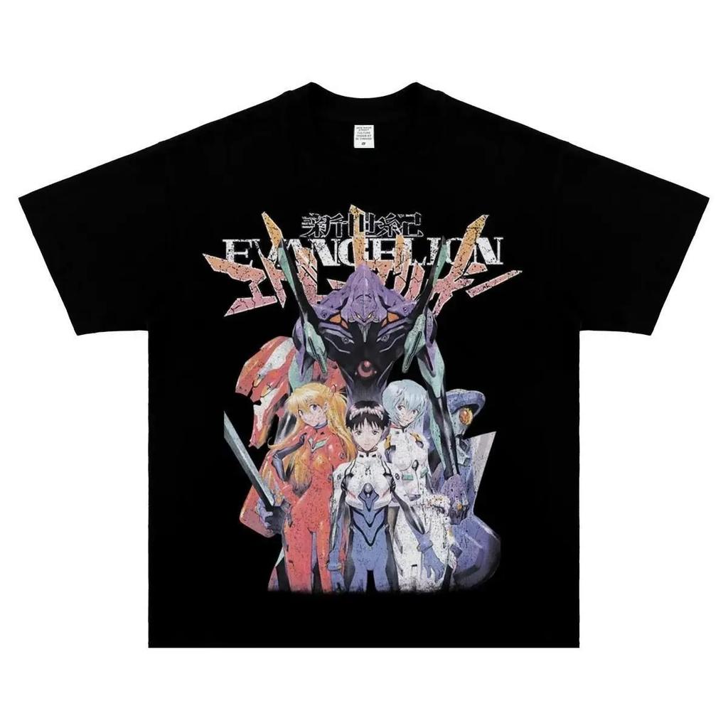 Neon Genesis Evangelion Hauptcharaktere & Eva Einheit-01 Übergroßes T-Shirt, Unisex Mecha Anime Streetwear Tee, 100% Baumwolle Lässiges Kurzarmoberteil