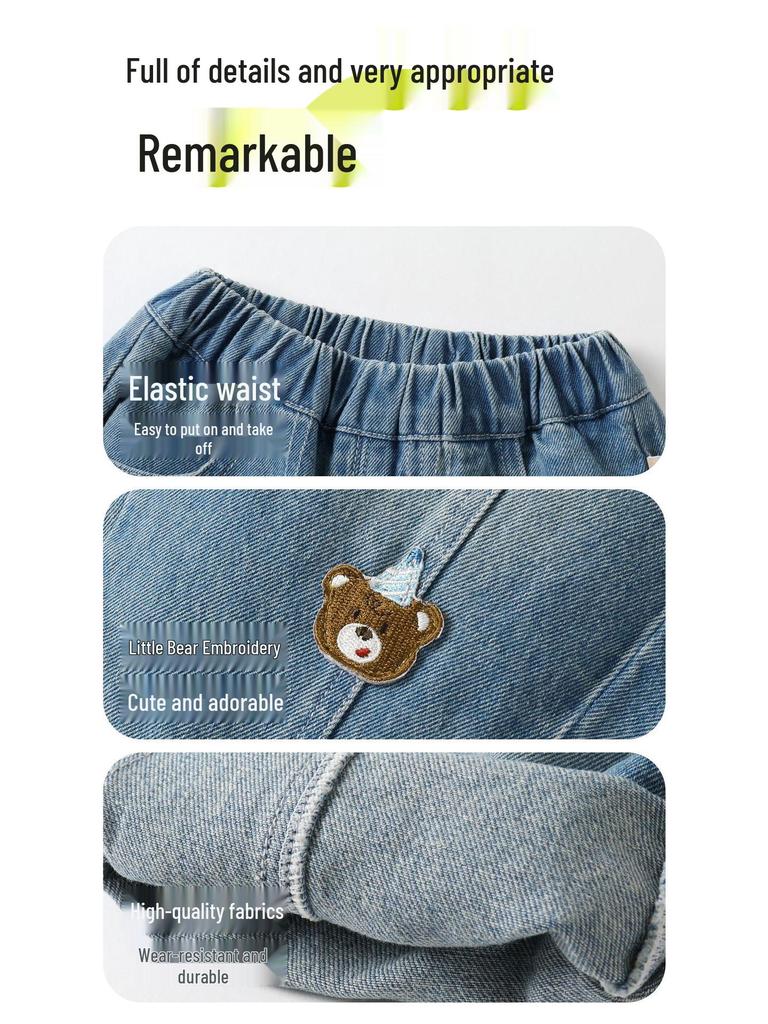 Kaka Panda Kids' Spring Jeans: Trendy Long Pants for Boys & Girls, Ideal for Toddlers in Spring & Autumn.