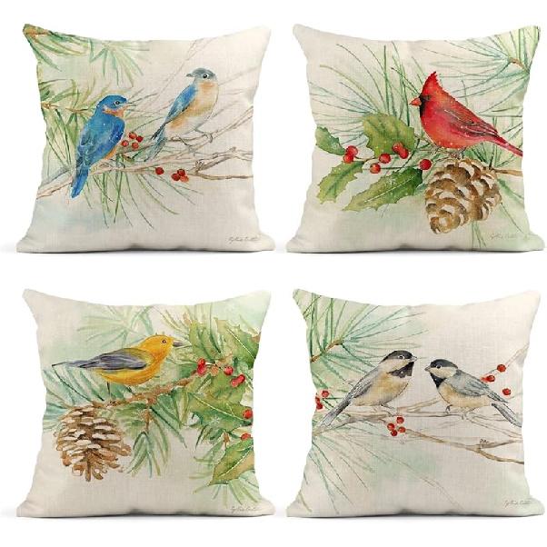 

LOKMU Набор из 4 наволочек для декоративных подушек Акварельные Зимние Птицы Кардинал Синицы Пеночка Квадратные Льняные Домашний Декор Наволочки Чехлы для Подушек для Улицы 20 x 20 (Pack of 2)