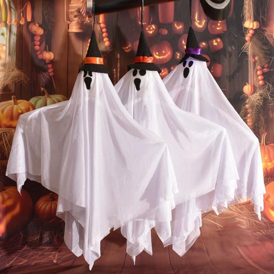Halloween Hanging Light-up Ghosts Outdoor Flying White Cloth Ghost with Witch Hat for Front Yard Patio Lawn Garden Porch Indoor Outdoor Decoration