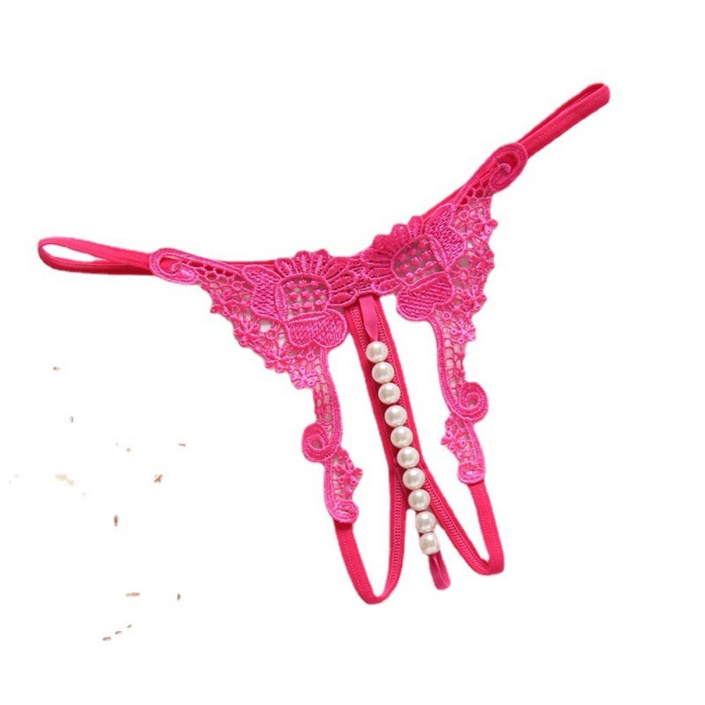 Sexy Fashion Embroidered Panties, Women's Transparent Seduction Hollow Pearl Massage Open-file Thong Low-rise T-pants