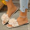 Crochet Flower Slide Sandals Woman Summer Pink Blue Floral Mule Slippers Ladies Rainbow Color Outdoor Vacation Slip-on Flat Shoe
