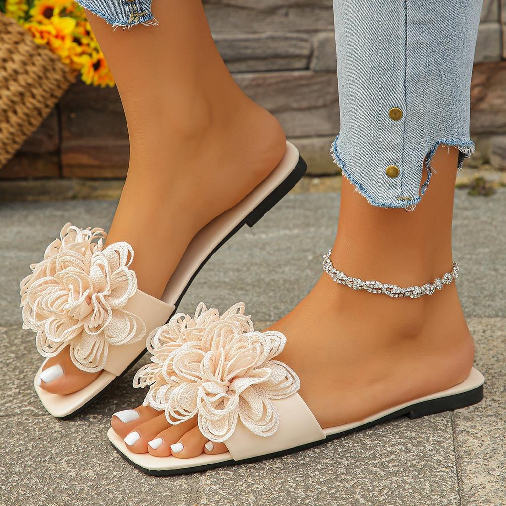 Crochet Flower Slide Sandals Woman Summer Pink Blue Floral Mule Slippers Ladies Rainbow Color Outdoor Vacation Slip-on Flat Shoe