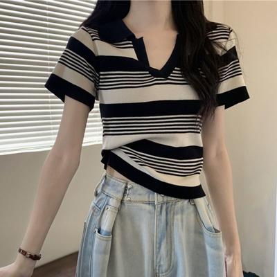 Camiseta polo de verão de malha de seda gelada com gola polo, listrada nos ombros, manga curta, top de malha para mulheres