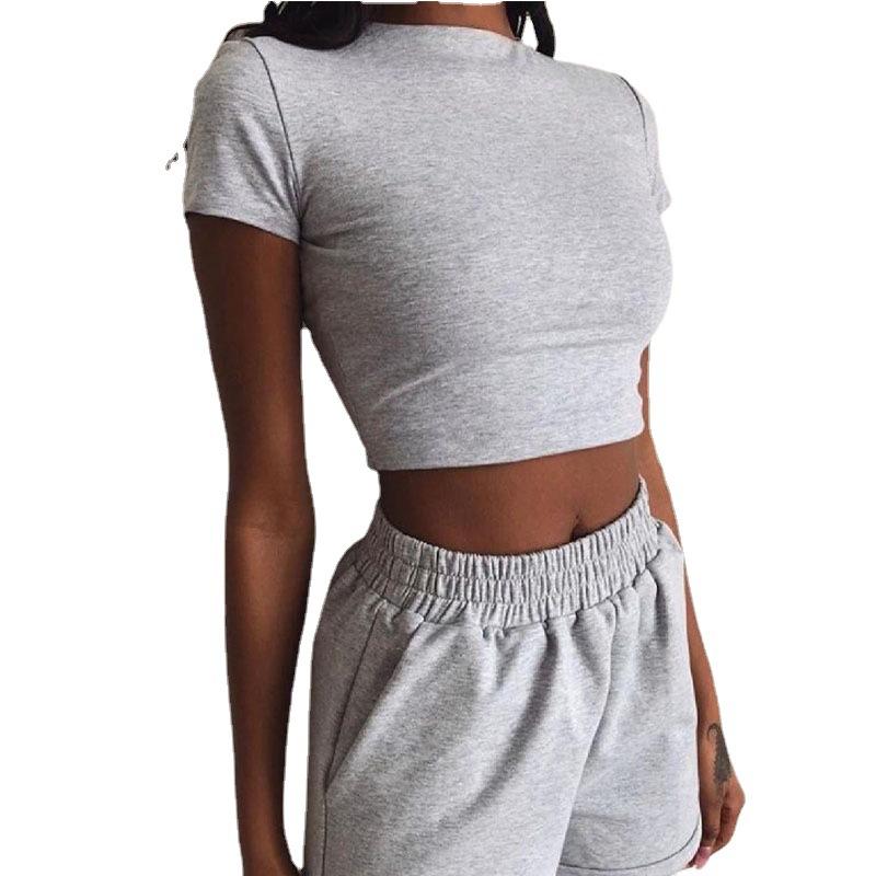2 STÜCKE Neue Lässige Damen Sommer Kleidung Sets Kurzarm Crop Tops + Elastische High Waist Shorts Einfarbig Damen Outfits
