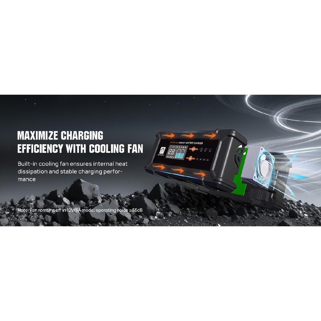 ECO-Worthy 12V/24V 20A Smart Battery Charger Maintainer, Auto Voltage Detect for LiFePO4 Lead-Acid with Multi-Current Options 5A