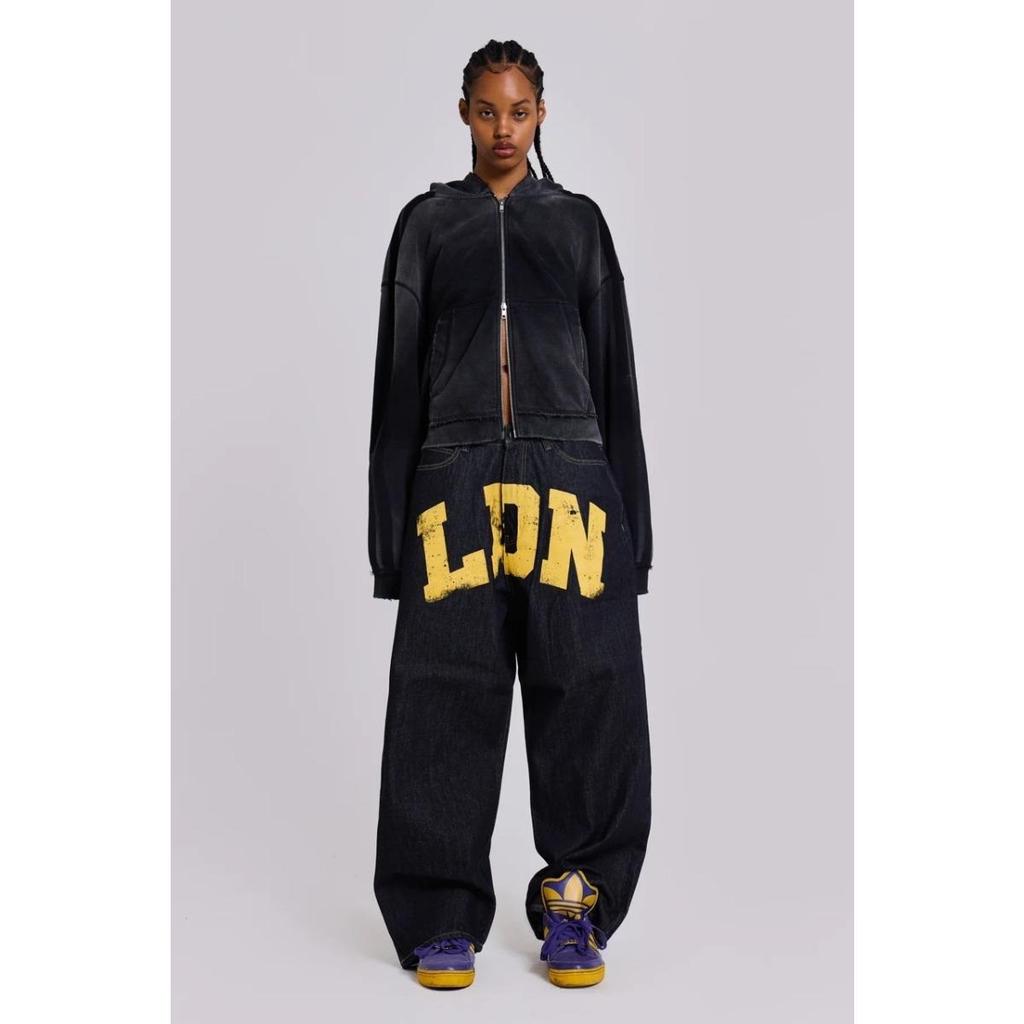 LUXEON American-style Street Letter Printed Jeans, Straight-leg Trendy Brand Loose Denim Pants