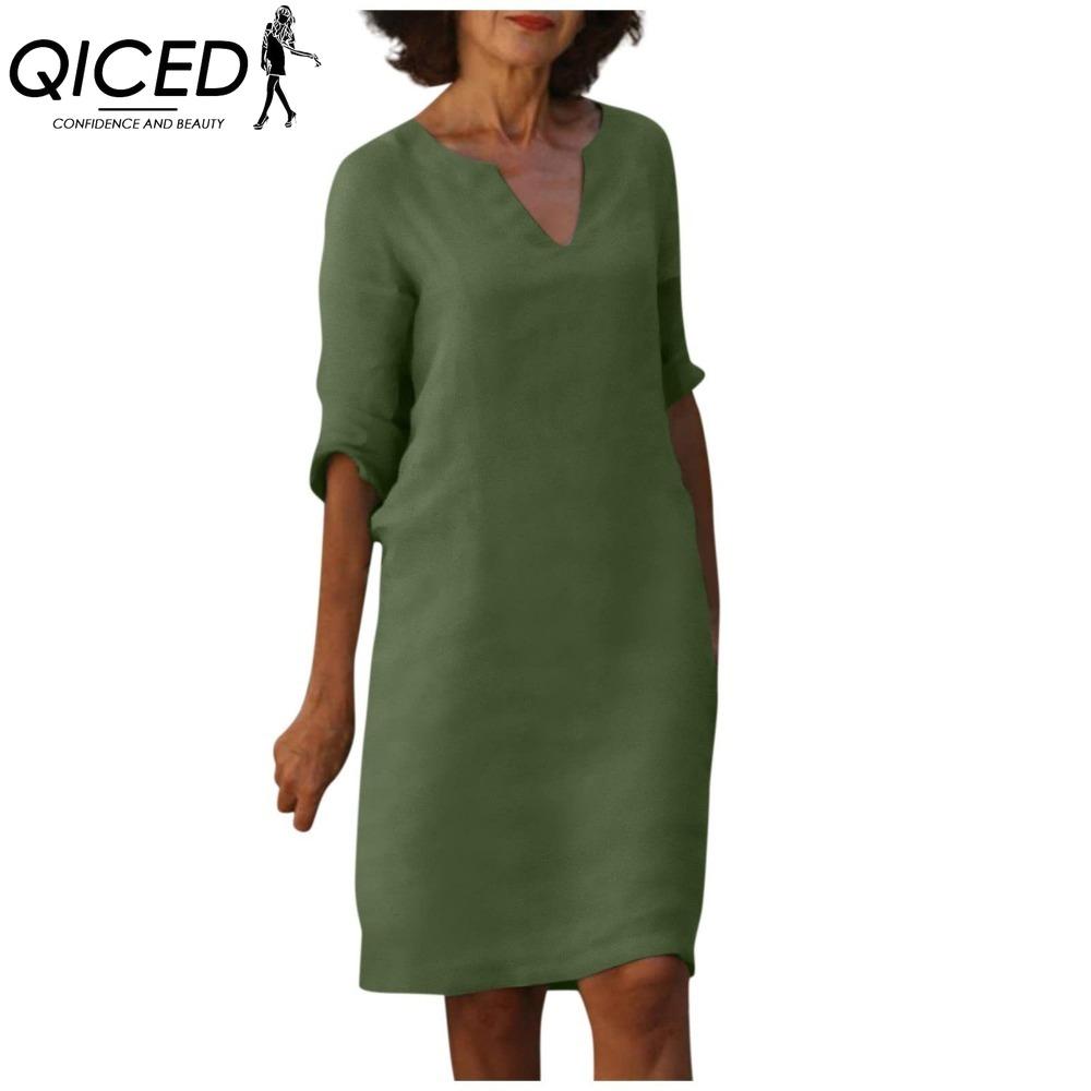 QICED Women Summer Solid Color Cotton Linen Retro V-Neck Short Sleeve Dress Lightweight Breathable Dress