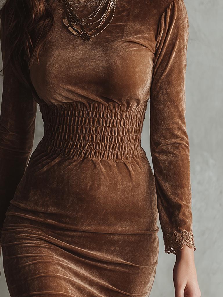 Women's Slim Fit Fashion Autumn Winter Velvet Dress with Long Sleeve and Lace Trim