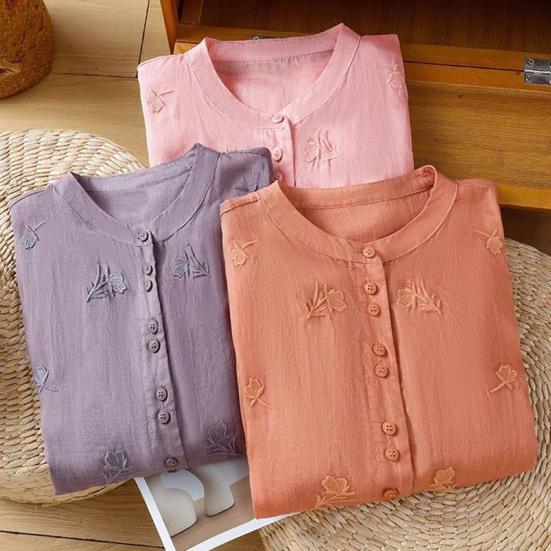 Women Shirt Round Neck 46085 Sleeve Buttons Placket Shirt Tops Pure Color Floral Embroidery