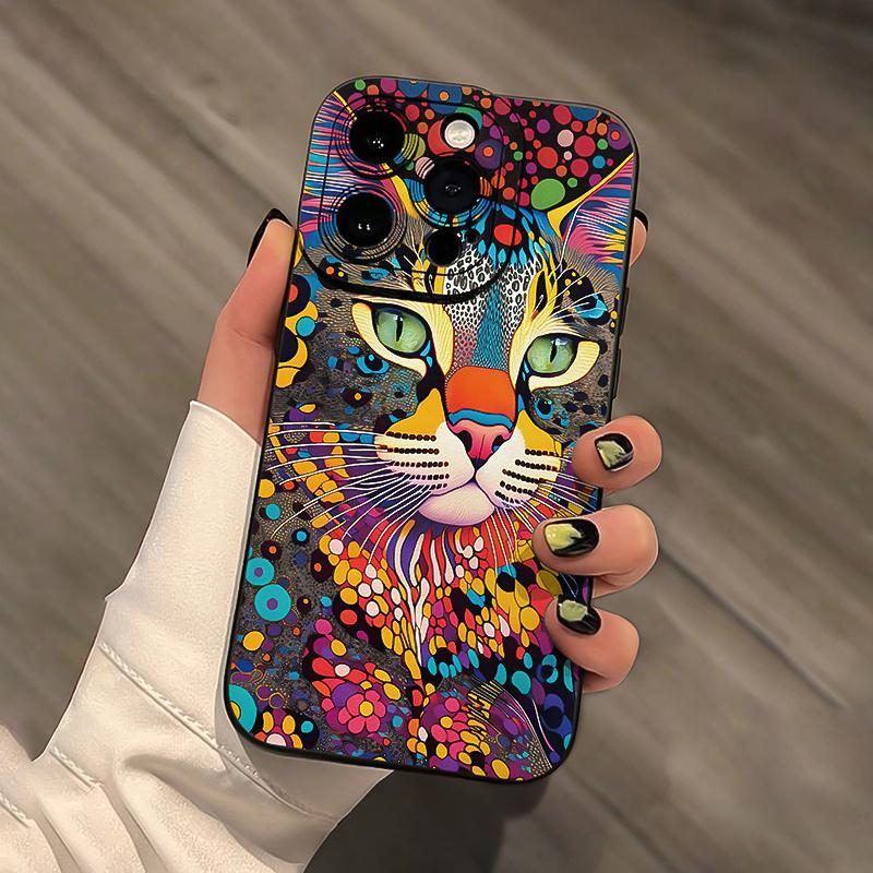 Comic Cat Painted Phone Case Suitable for iPhone 17 16 15 14 13 12 11 Pro/Max/Plus Anti Drop and Anti Shock Back Cover